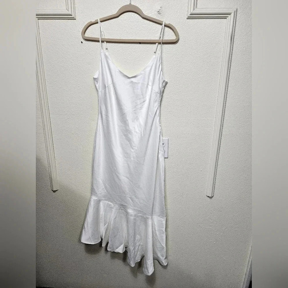 Lulu's Strictly Romance White Satin Asymmetrical Tiered Midi Dress Party Holiday - Picture 5 of 11